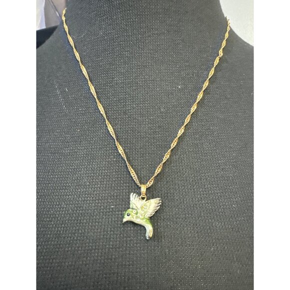 Enameled and Rhinestone Encrusted Hummingbird Necklace 20 inch Chain - Picture 3 of 4